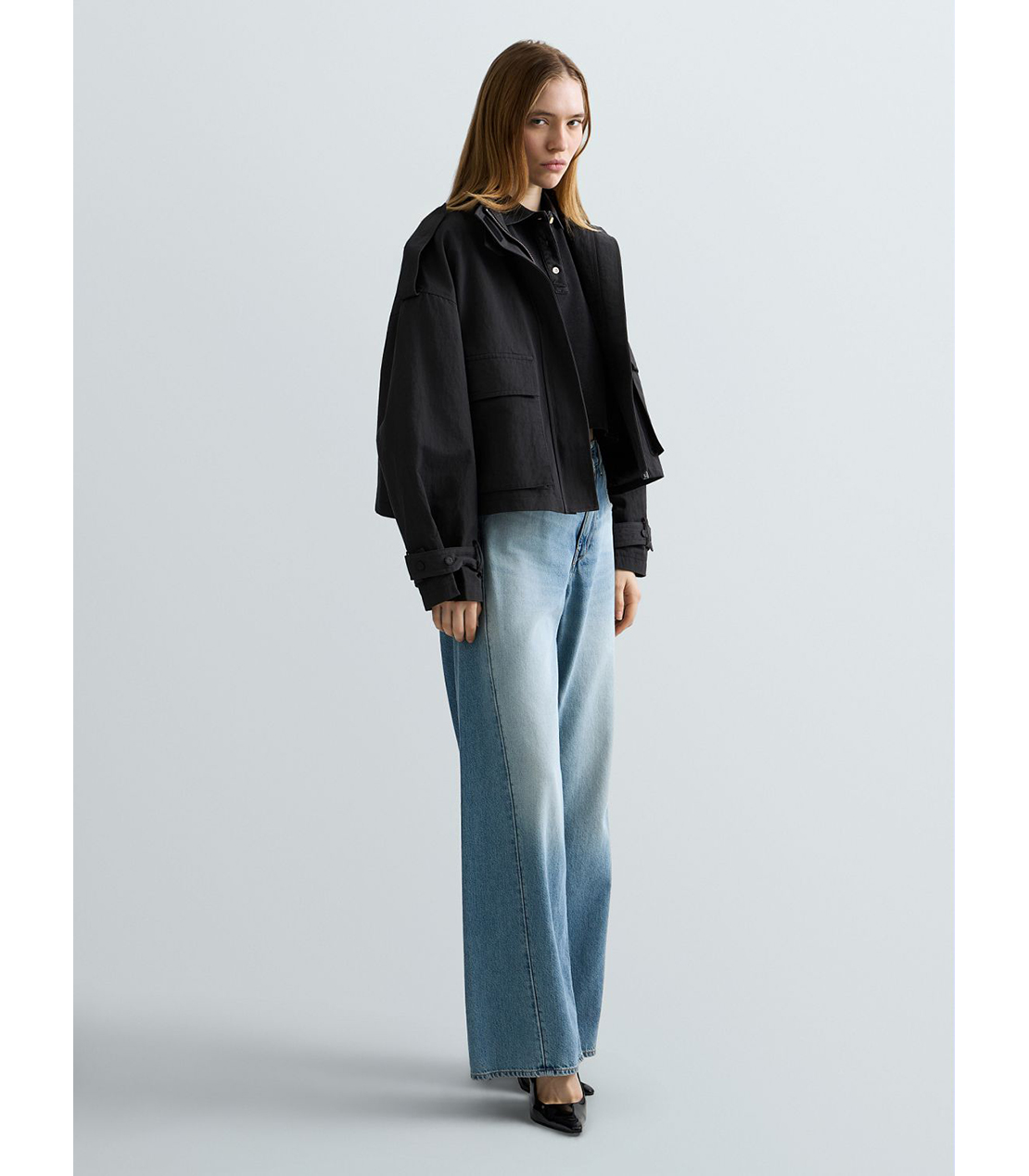 コットンピケクロップドポロシャツ 詳細画像 ブラック 4